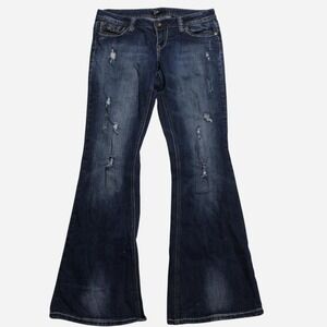 Womens Y2K Z2 Distressed Grunge Fleurdelis Pocket Low-rise Flare Dark Wash Jeans